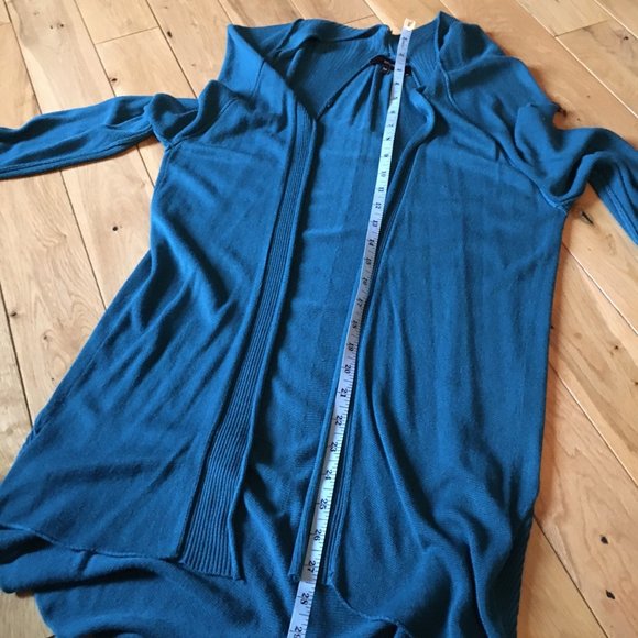 Peacock Blue Pleated Knit Open Waterfall Cardigan - Picture 10 of 15